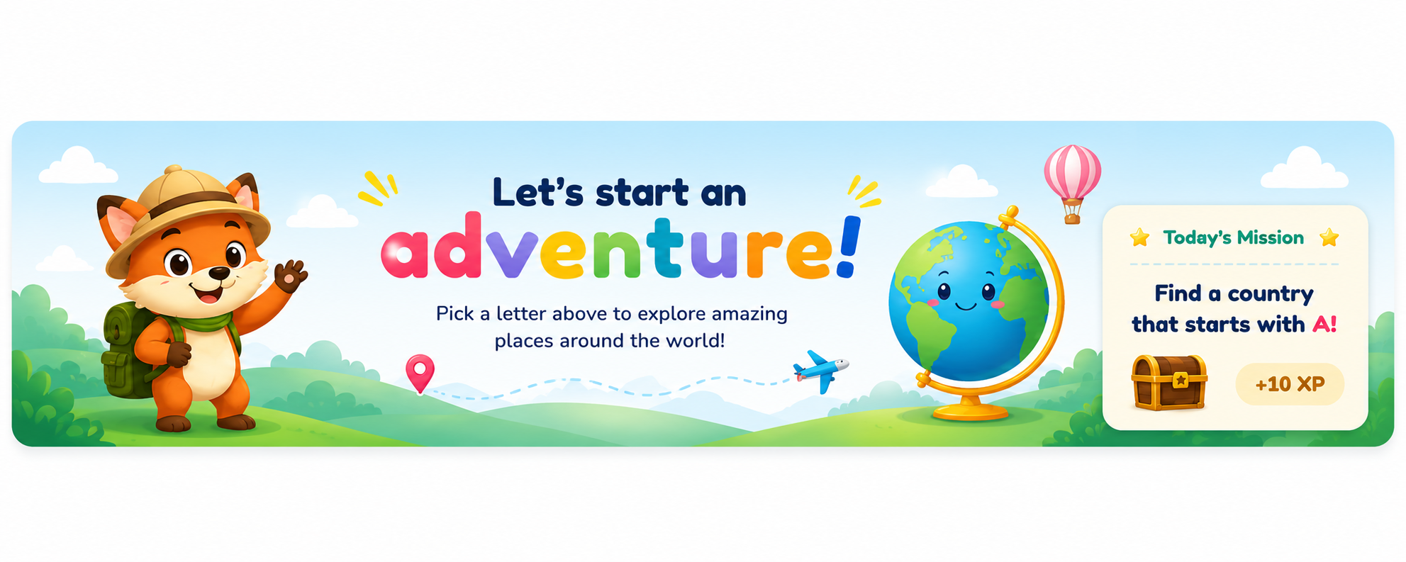 Colorful Atlas ABC adventure banner with cheerful geography scenes
